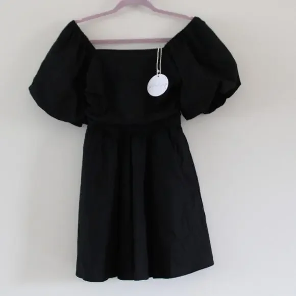 NWT Petal and Pup Linen Blend Square Neck Puff Short Sleeve Mini Dress Black S - Picture 1 of 9